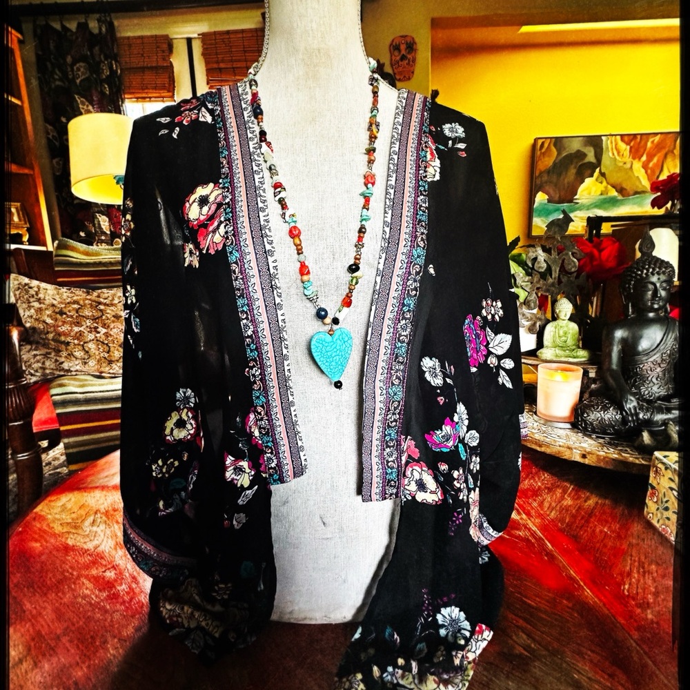 SOLD Beautiful Black Asian Floral Kimono